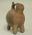 Double Spout and Bridge Bottle in Feline Shape, Ceramic, pigment, Paracas