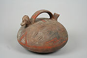 Double Spout and Bridge Bottle with Bird, Ceramic, slip, pigment, Paracas