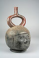Stirrup Spout Bottle with Portrait Head, Ceramic, slip, Moche