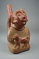 Stirrup Spout Bottle with Figure Holding Feline, Ceramic, slip, Moche