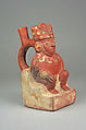 Stirrup Spout Bottle with Figure on Throne, Ceramic, slip, Moche