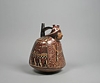 Spout-and-bridge bottle with warrior, Nasca artist(s), Ceramic, slip, Nasca