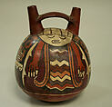 Double Spout and Bridge Bottle with Bird Demon, Ceramic, pigment, Nasca