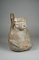 Stirrup Spout Bottle with Seated Figure, Ceramic, slip, pigment, Moche