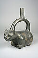 Stirrup Spout Bottle with Cat, Ceramic, slip, Moche