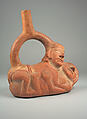 Stirrup Spout Bottle with Couple, Ceramic, slip, pigment, Moche