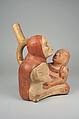 Stirrup Spout Bottle with Couple, Ceramic, slip, pigment, Moche