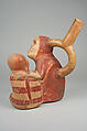 Stirrup Spout Bottle with Couple, Ceramic, slip, pigment, Moche