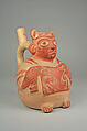 Bottle, Figure Showing Tunic, Ceramic, pigment, Moche