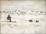 "Man Skiing with Dogs", George A. Ahgupach  Native American, Parchment, ink, blood serum, carbon, Inuit