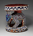 Prestige Stool: Leopard, Wood, glass beads, cowrie shells, burlap, printed cotton cloth, Bamileke or Bamum
