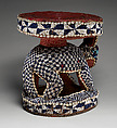 Prestige Stool: Leopard, Wood, glass beads, cowrie shells, burlap, printed cotton cloth, Bamileke or Bamum