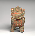 Feline-shaped spout-and-bridge bottle, Paracas artist(s), Ceramic, post-fire paint, Paracas