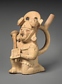 Stirrup spout bottle with bird warrior, Moche artist(s), Ceramic, slip, Moche