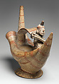 Bottle with a reed boat and paddler, Lambayeque (Sicán) artist(s), Ceramic, slip, post-fired pigment, Lambayeque (Sicán)