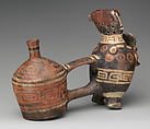 Double-chambered bottle with effigy figures, Vicús artist(s), Ceramic, pigment, Vicús