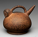 Spout-and-bridge bottle with owl head, Virú artist(s), Ceramic, Virú