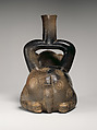 Feline-shaped stirrup-spout bottle, Cupisnique artist(s), Ceramic, Cupisnique