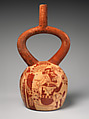 Stirrup-spout bottle with confronting figures, Ceramic, slip, Moche