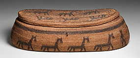 Lidded basket, Lozi artist, Makenge root fiber, pigment, Lozi