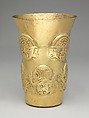 Beaker with heads and toads, Lambayeque (Sicán) artist(s), Gold, Lambayeque (Sicán)