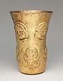 Beaker with heads and toads, Lambayeque (Sicán) artist(s), Gold, Lambayeque (Sicán)