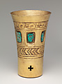 Beaker with rattle, Lambayeque (Sicán) artist(s), Gold, turquoise, resin, Lambayeque (Sicán)