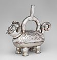Feline-shaped stirrup-spout bottle, Chimú artist(s), Silver, Chimú