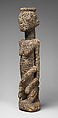Kneeling female figure with twin children and serpent, Tellem or Dogon blacksmith, Wood, applied organic materials, Dogon or Tellem  peoples (?)