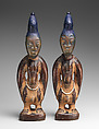 Ibeji Twin Figure, Wood, camwood powder, beads, blueing, Yoruba peoples, Oyo group