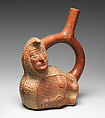 Stirrup spout bottle with peanut figure, Moche artist(s), Ceramic, slip, Moche