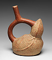 Stirrup spout bottle with peanut figure, Moche artist(s), Ceramic, slip, Moche