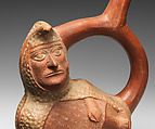 Stirrup spout bottle with peanut figure, Moche artist(s), Ceramic, slip, Moche