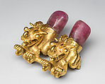 Double Bird Pendant, Gold, rose quartz, Coclé (Macaracas)