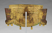 Funerary mask, Lambayeque (Sicán) artist(s), Gold, silver-copper alloy, cinnabar, Lambayeque (Sicán)