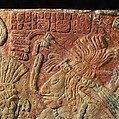 Relief with enthroned ruler, Chakalte&#39; (Guatemalan or Mexican, active ca. 750–800 CE), Limestone, paint, Maya