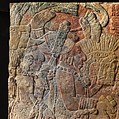 Relief with enthroned ruler, Chakalte&#39; (Guatemalan or Mexican, active ca. 750–800 CE), Limestone, paint, Maya