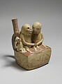 Bottle, Skeletal Couple with Child, Ceramic, slip, pigment, Moche