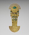 Tumi (knife), Lambayeque (Sicán) artist(s), Gold, turquoise, Lambayeque (Sicán)