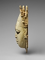 Pendant mask of Ìyọ́bà Idià, Ìgbèsànmwà (ivory- and wood- carving guild) artists, Ivory, iron, brass, coal, traces of iron oxides, Edo