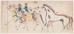 Two Riders Leading Horses (Henderson Ledger Artist B), Frank Henderson  Native American, Pencil, colored pencil on paper, Arapaho