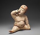 Seated hollow figure with helmet, Las Bocas artist(s), Ceramic, cinnabar, red ochre, Olmec