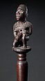 Staff: Finial with Female Figure Nursing Child, Wood, glass, metal tacks, Kongo peoples, Yombe group