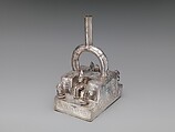 Stirrup-spout bottle with palace scene, Chimú artist(s), Silver, Chimú