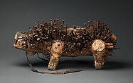 Power Figure (Nkisi N'Kondi: Kozo), Wood, iron, plant fiber, textile, glass, resin, feathers, leopard tooth, leather, pigment, Kongo peoples; Yombe group