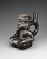 Seated Figure Bottle, Ceramic, Moche
