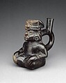 Seated Figure Bottle, Ceramic, Moche