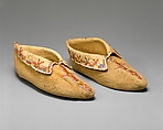 Pair of Moccasins, Native-tanned skin, porcupine quill, Seneca