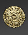 Shield with crab and fish figures, Moche artist(s), Gilded copper, Moche