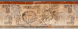 Vessel with mythical scene, Slip-painted ceramic, Maya